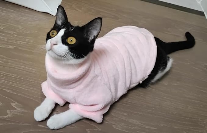 Sphynx Cat Clothes Winter Turtleneck Soft Coral Fleece Cat Clothes Thicken Warm Pajamas Coat for Hairless Cats and Small Cat Apparel with Sleeves (Light Pink, XL (9.3-12.7lbs)