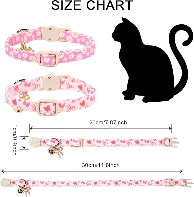 2 Pack Pink Floral Cat Collars Breakaway with Bell, Safety Buckle Daisy Cat Collar for Girl Cats and Small Dogs，Adjustable 7-12 Inch,Pet Supplies Accessories