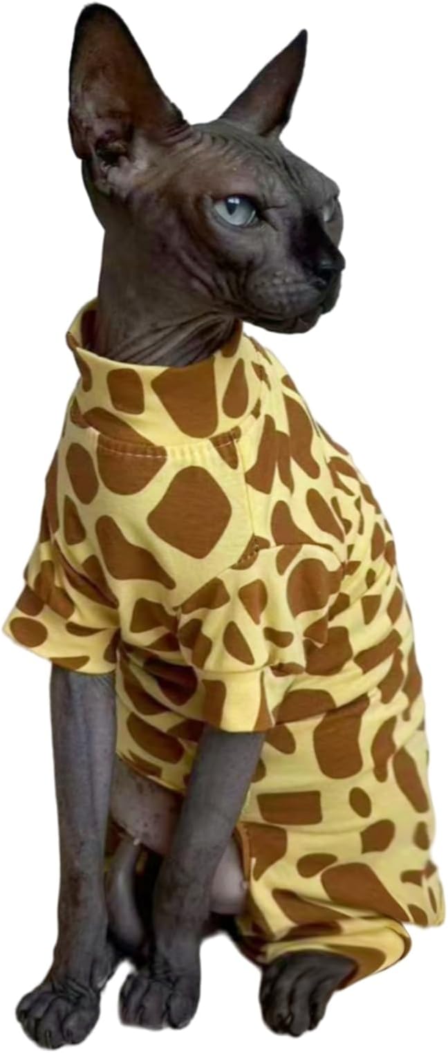 Sphynx Cat Four Leg Cotton Pajamas Elastic Pet Clothes for Hairless Cats Surgery Recovery Suit Undershirt Thermal Clothes for Sphynx, Devon, Cornish (Giraffe, XL)