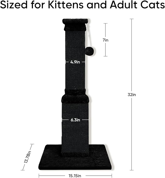 Cat Scratching Post, 32 Inch Cat Scratching Posts for Large Cats, Scratching Posts for Indoor Cats Adults, Cat Scratch Post with Nature Sisal, Full Black