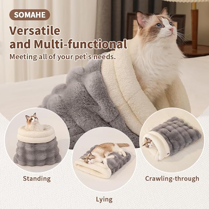 SOMAHE Cat Sleeping Bag for Indoor Cats, Faux Fur Pet Cave Bed & Burrow Nest, Reversible Plush Snuggle Sack, Portable Foldable Mat, Machine Washable, Anti-Static, 21.7"x17.7" Pink