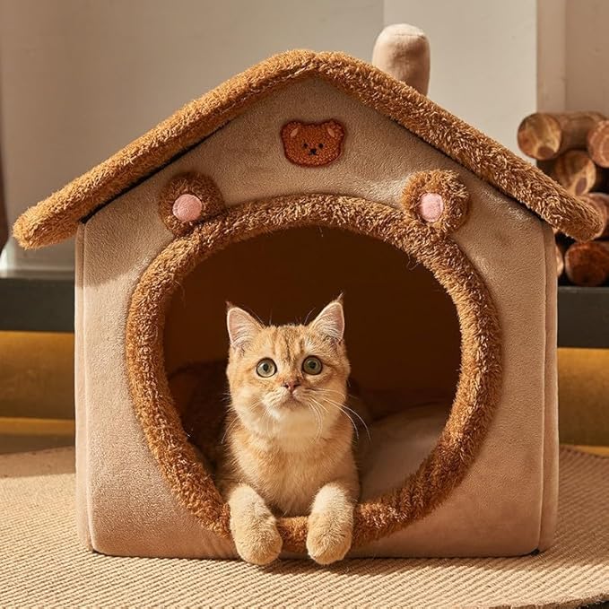Cat Beds for Indoor Cats, Cute Bear Shape Cat Bed Cave, Pet House Cats Tent with Removable Cushion Pillow for Kittens Puppy Small Dogs (Brown, M-18 * 14.6 * 15.7in)