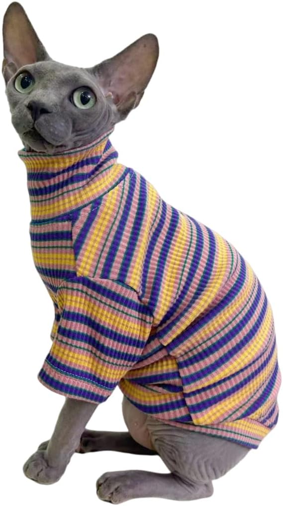 Turtle Neck Vintage Stripes Sphynx Hairless Cat Cotton T-Shirts Pet Clothes Vest Kitten Shirts Sleeveless, Cats & Small Dogs Apparel (Rose Garden, M (5-6.5 lbs))