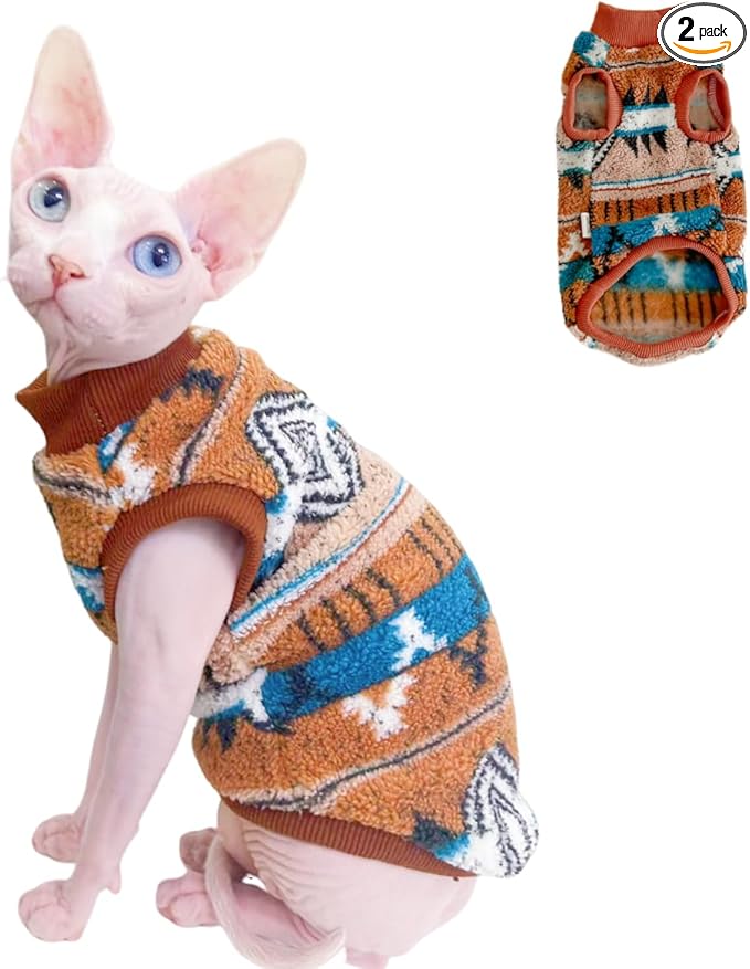 Sphynx Cat Winter Sweater, Warm Soft Fluffy Pet Clothes, for Hairless Cats, Cornish Rex, Devon Rex (Orange, L (5-7 lbs))