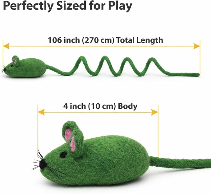 Glaciart One Felt Mouse Cat Toy – Soft Fuzzy Enrichment 100% Natural Wool - Interactive Catnip Play Cat Toy Set - Safe for Pets, Non-AZO Colored Dyes - 100” Long