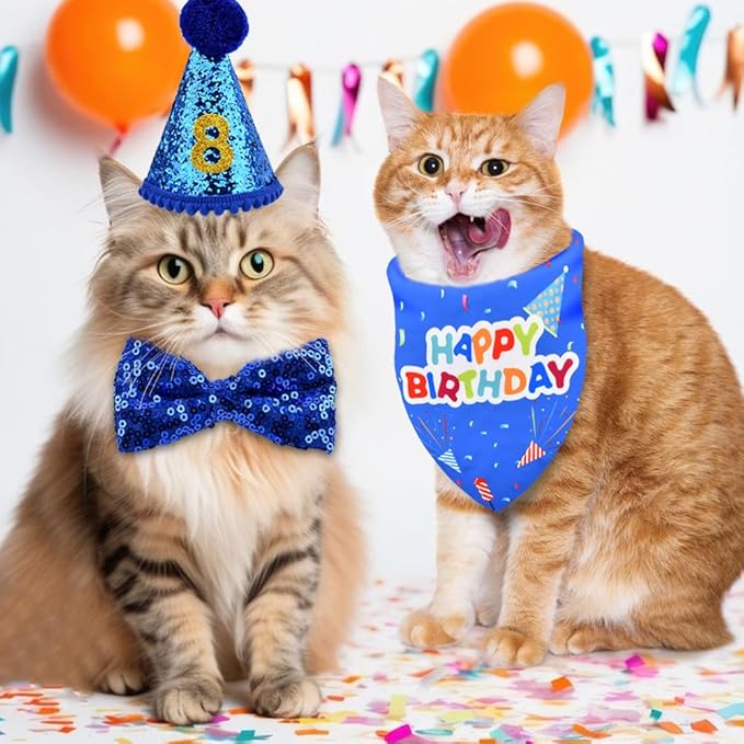 Cat Birthday Party Supplies, Adjustable Cat Birthday Hat with Numbers, Bandana, Bow Tie, Banner for Cat Kittens Decorations, Fun Pet Celebration Kit(Color:Blue)