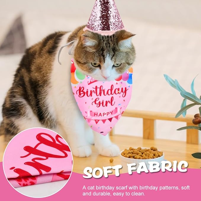 Cat Birthday Party Supplies, Adjustable Cat Birthday Hat with Numbers, Bandana, Bow Tie, Banner for Cat Kittens Decorations, Fun Pet Celebration Kit(Color:Pink)