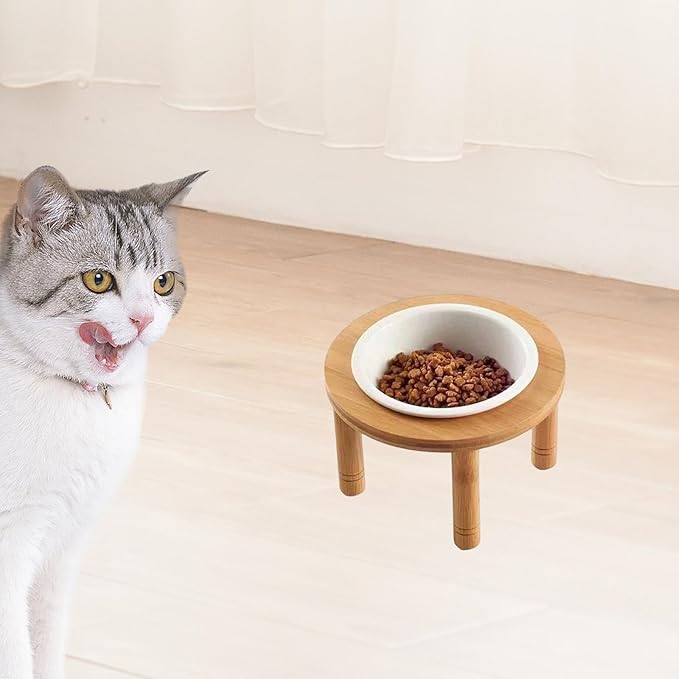 Elevated Cat Bowl Ceramic Bowl Feeder Bamboo Wood Stand Whisker Water Assembly Suitable for Indoor Feeding Pet Owne, 16.2cmx16.2cmx8.8cm