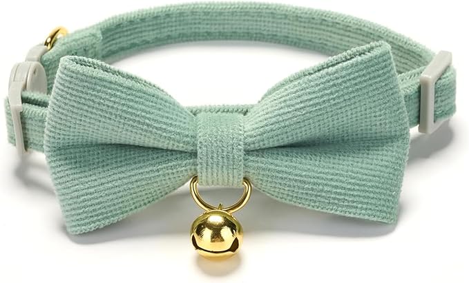 Soft Corduroy Cat Collar, Plaid Pattern, with Bell and Bowtie, Quick Release,Safety Breakaway Clasp, Adjustable for Kitten and Cats.(White+Green)