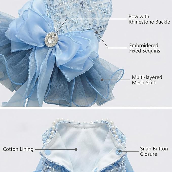 Blue Princess Small Dog & Cat Dress - Sequin Tutu Outfit with Bow Knot & Pearl Decor | Formal Pet Clothes for Wedding, Birthday, Party | Fit Chihuahua, Yorkie, Kitten (Blue-Bow, Medium)