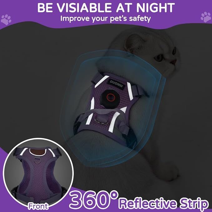 Cat Harness and Leash Set with Holder Compatible with AirTag, Upgraded Escape Proof Adjustable Vest Lead for Large Cat Small Dog Walking, Soft Breathable Mesh Jacket with Reflective Strips, Purple, L