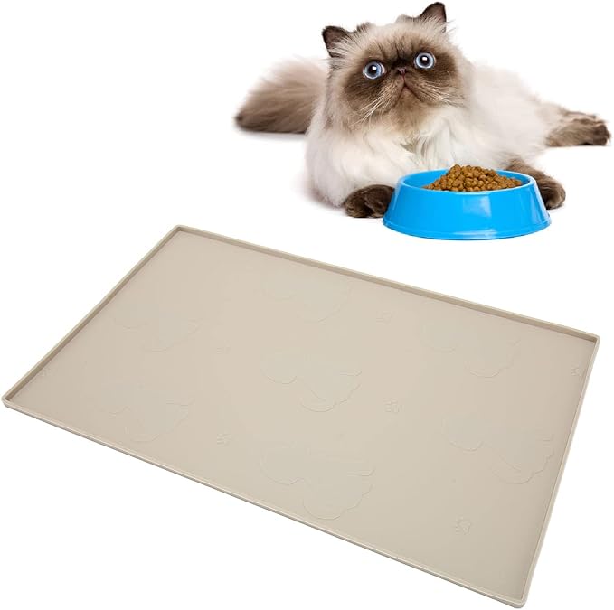 Dog Feeding Mat, Waterproofed Cat Food Mats, Anti Slip Silicone Cat Dog Food Mat for Messy Drinkers to Protect Floors (Beige)