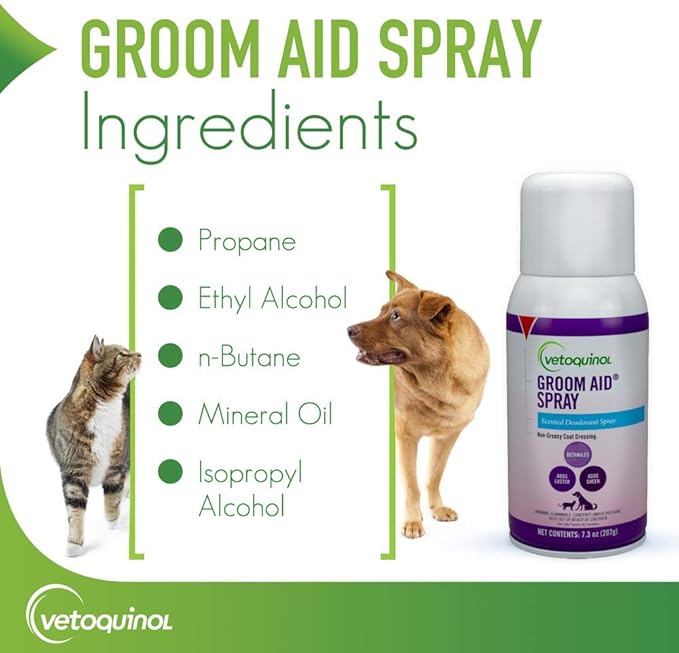 Vetoquinol Groom Aid Spray - Non-Greasy Grooming Spray for Cats & Dogs - Supports Silky Coat & Tangle-Free Fur - Quick Absorbing Fur Conditioner - Fresh Scent - 7.3 oz