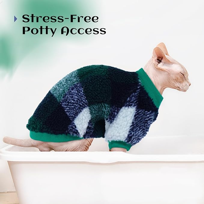 Sphynx Cat Sweater, Soft Fleece Pullover with Sleeves, Warm & Elastic Pet Clothes for Hairless Cats and Small Kittens, Cozy Winter Outfit Green M