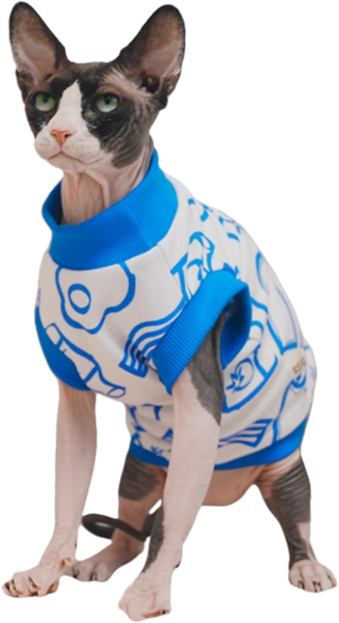 Sphynx Hairless Cat Summer Cotton T-Shirts Cat Vest Pet Clothes, Round Collar Vest Kitten Shirts Sleeveless, Cats & Small Dogs Apparel (Breakfast, L (7.5-8.8 lbs))