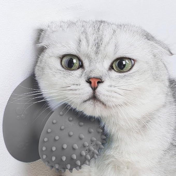 Cat Self Groomer with Suction Cups – Wall-Mounted Pet Massage Brush for Itching & Fur Shedding – Cat Scratch and Rub Toy for Indoor Cats – Easy to Install, 7x7x7.5cm (Grey)