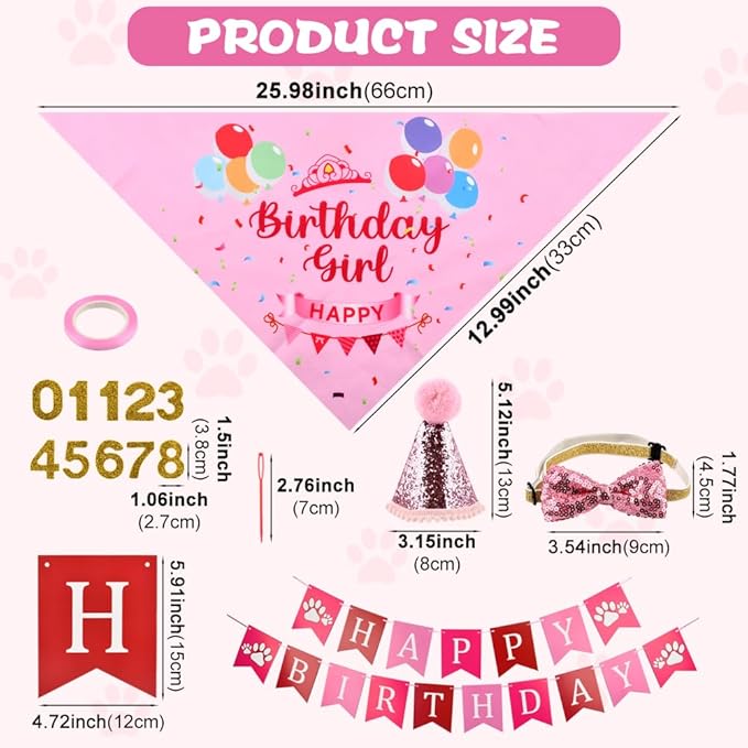 Cat Birthday Party Supplies, Adjustable Cat Birthday Hat with Numbers, Bandana, Bow Tie, Banner for Cat Kittens Decorations, Fun Pet Celebration Kit(Color:Pink)
