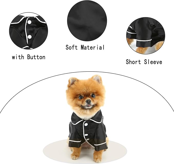 PAIDEFUL Soft Faux Silk Sleepwear for Small Dogs Cats Lapel Doggie Loungewear Lightweight Breathable Puppy Pajamas PJS Two-Legged Pet Shirt Clothes Summer Spring Chihuahua Apparel Button Up,Black,S