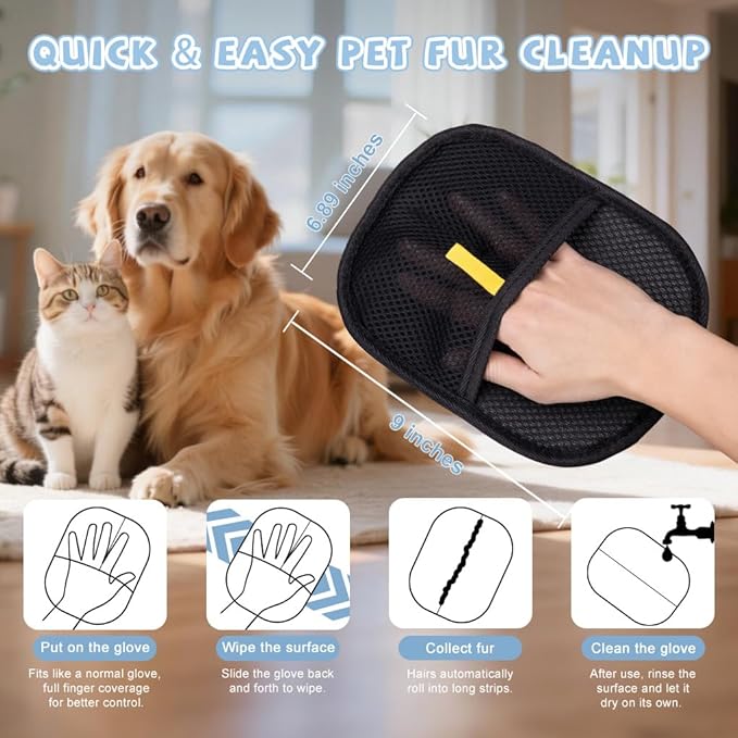 pet Hair Removal Glove for Pet Hair Remover, A Comb for Dog&cat and One More Keychain Used for Storing Commemorate Puppy Haris.for Clothing, Couch, Carpet, Car Seat(Black)