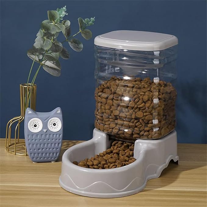 Pet Feeding Bowl and Water Dispenser with Refillable Storage Container Self-Dispensing 1 Gallon Large Capacity Cat Feeder, 3.8 Liters Capacity Dog Rabbit Waterer (Grey, for Food)