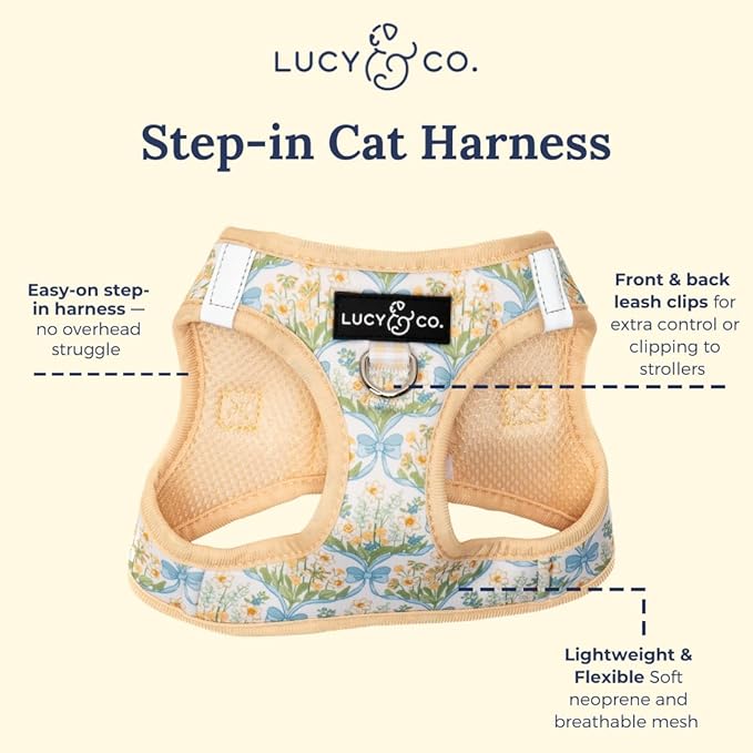 Lucy & Co. Sunshine and Daffodils Step-in Cat Harness and Leash Set Bundle, Breathable & Adjustable Harness for Cats, Kittens & Small Dogs, Lightweight & Secure and Dual Leash Clips – Large