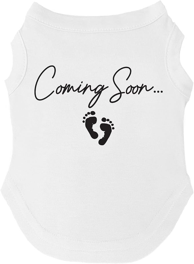 Coming Soon Dog Tee Shirt | Sleeveless | Sizes for All Ages and Breeds | Pregnancy Announcement | Photoshoot Prop | New Baby | Gender Reveal |White, 5X-Large 769