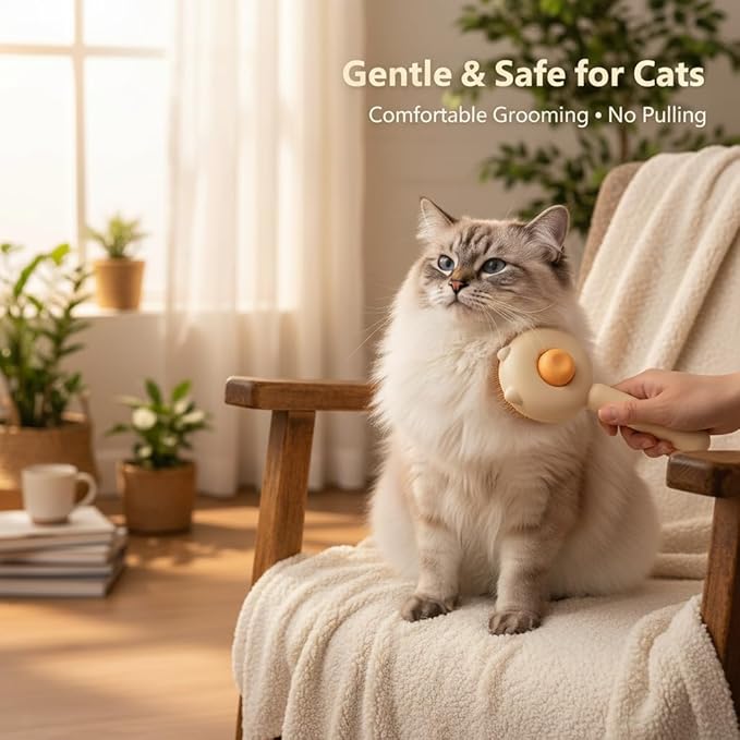 Cute Cat Ear Pet Brush – Self Cleaning Grooming Tool for Cats & Dogs – Light Yellow