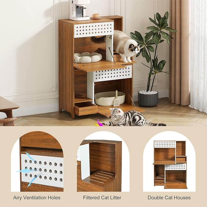 2 in 1 Cat Litter Box Enclosure Furniture, Double Hidden Litter Box Cabinet with Storage Shelf, Space Saving Wooden Cat House End Table for Indoor Use, Brown Natural,Brown
