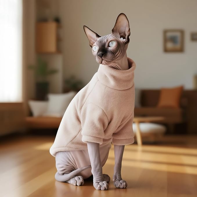 Idepet Sphynx Cat Warm Turtleneck Sweater Hairless Cats Shirt Pullover Kitten T-Shirts Thick Soft Fleece Clothes Cute Outfit Coat Pajamas for Cats and Puppy (Pink, X-Small)