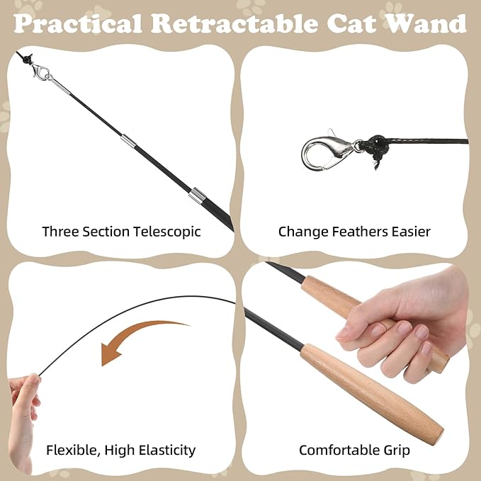 Leitee 18 Pcs Cat Teaser Wand Toy, Interactive Cat Feather Toys for Kittens, 15 Pcs Natural Feather Bird Mouse Toys Refill, 2 Wires and 1 Kittens Fishing Pole Toy Wooden Handles for Indoor