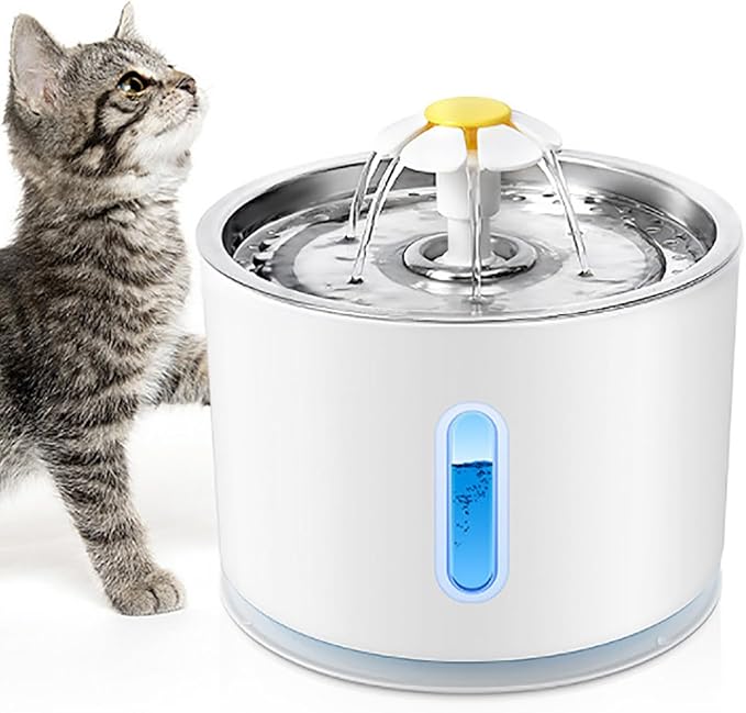 Cat Water Fountain, 81OZ/2.4 L Ultra Silent Cat Fountain with Stainless Steel Top and Water Level Window, Activated Carbon Filter, 3 Different Flow Designs, Suitable for Kittens and Dogs