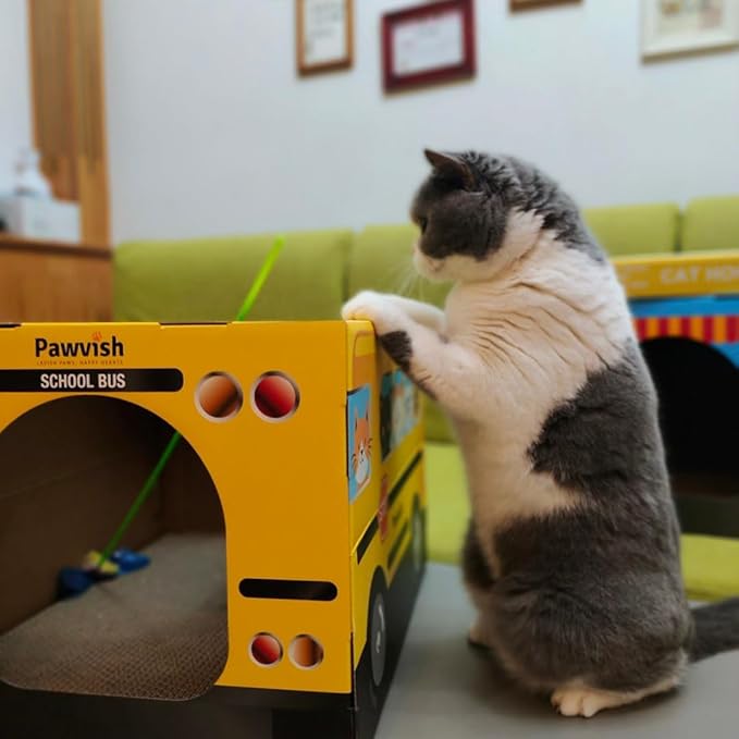 School Bus Cardboard Cat House and Scratcher, Play House, Scratching Pad, Corrugated Hideaway Cave, Cute Kitty Condos Box, Bed for Indoor Cats, Kittens, Bunny, Fur Babies