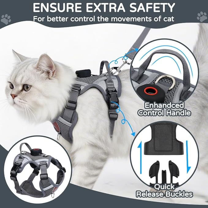 Cat Harness and Leash Set with Holder Compatible with AirTag, Upgraded Escape Proof Kitten Harness with Lead for Large Adult Cats, Soft Mesh Jacket Vest for Walking, Reflective & Adjustable, Grey, M