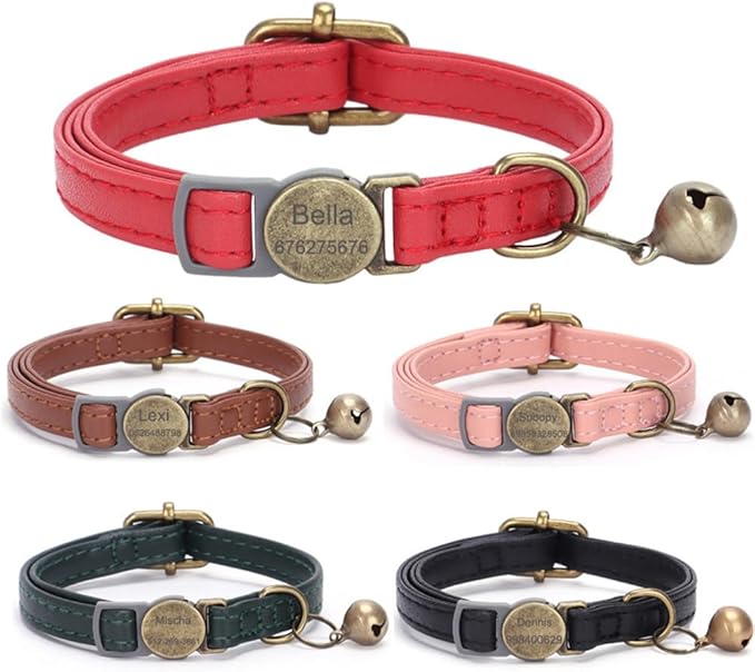 Vintage Style Leather Breakaway Cat Collar, Personalized Leather Cat Collar with Bells-Adjustable Customized Collar with Name & Phone Number Tag for Girl Boy Cats and Puppy(Red
