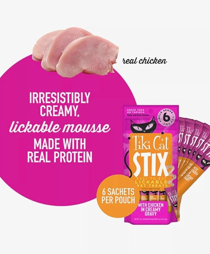 Tiki Cat Stix Lickable Wet Cat Treat Smooth Mousse Blend with Chicken in Creamy Gravy, 6 Stix in 1 Pouch (Pack of 2), Plus 1 Cat Pom Pom Balls Toy