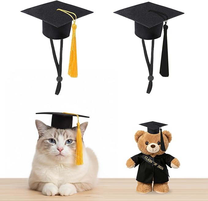 Mini Graduation Caps with Gold and Black Tassel, 2 Pack Black Mini Graduation Caps, Small Animal Bachelor Hats for Adjustable Pet Graduation Photo Props Cat Dog Holiday Costume Accessories