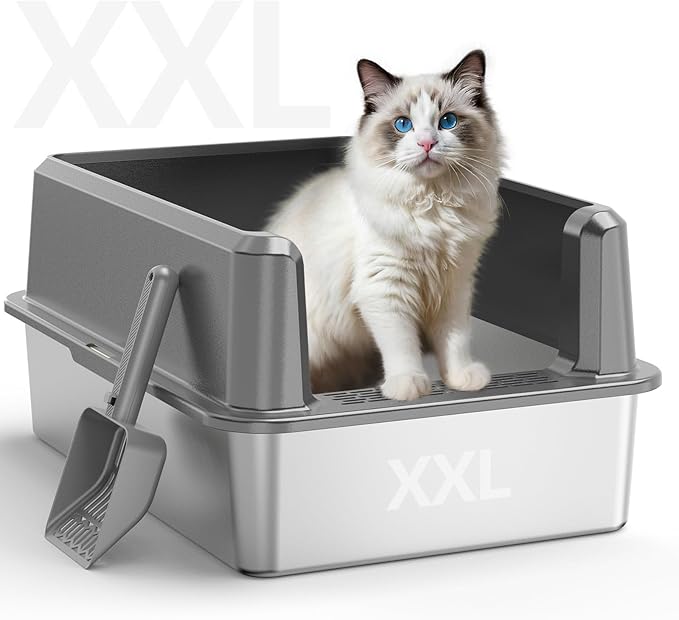 WoofiGo Enclosed Stainless Steel Cat Litter Box with Lid, XL Extra Large Litter Box for Big Cats, Metal Litter Pan High Sided, Never Absorbs Odors, Anti-Urine Leakage, Include Scoop (65-LightGray)