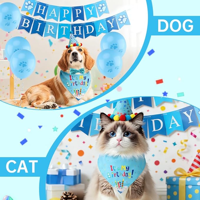 Cat Birthday Decorations Set - Cute Birthday Outfit with Hat, Bandana, Bow Tie, Balloons & Number Stickers for Kittens/Cats Party Photo Props & Festive Supplies