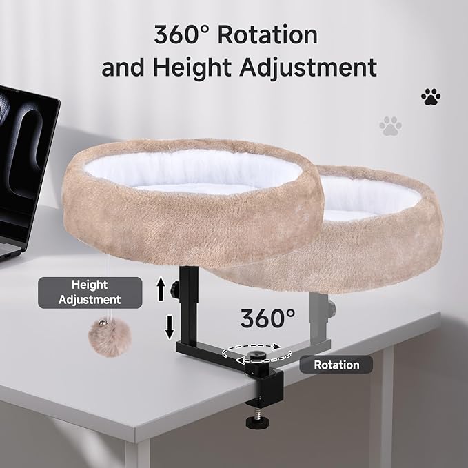 Chumajor Cat Desk Bed - 360° Rotating & Adjustable, Supports 50 lbs, Soft Faux Fur with Dual-Sided Reversible Mat, Modern Indoor Cat Nest Furniture for Office Desks and Game Tables, Island Table
