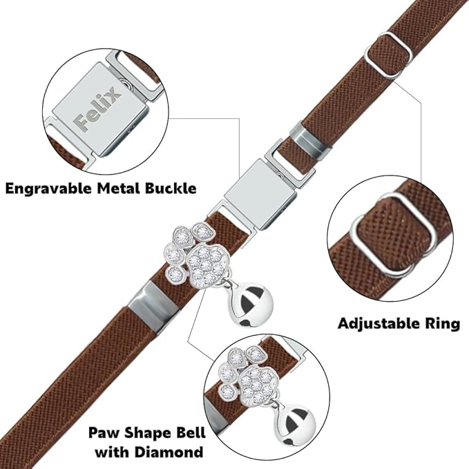 Personalized Safety Elastic Cat Collars with Bell,Laser Customized Stretch Kitten Collars for Girls Boys Cats-Chocolate