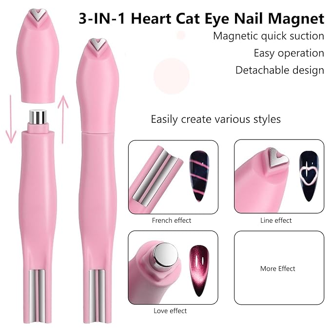 9pcs Cat Eye Magnet Set, 3-in-1 Heart Magnet for Nails, Strong Cylindrical Magnet with Scissor-Shaped/Y-Shaped Brackets/Bunny-Shaped Plates for French Heart Bunny Cat Eye Nail Art Effect