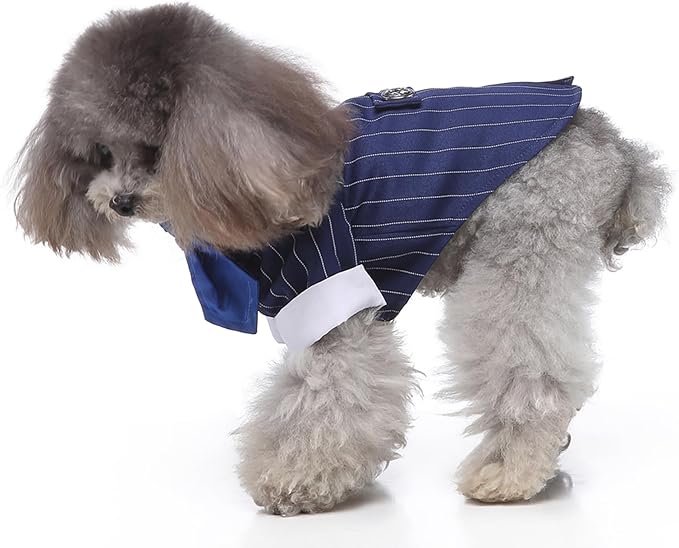 GabeFish Pets Wedding Jackets Suit for Dogs with Bow Tie Puppy Cat Formal Clothes Shirt Tuxedo (BlueStriped, L (Chest 17.3in/44cm)