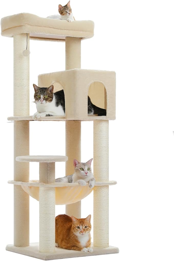 MUTTROS Large Cat Tree for Indoor Cats Large Adult, 57.8" Heavy Duty Cat Tower with Reinforced Scratching Posts (φ3.7in) and Plush Larger Hammock for Maine Coon & Big Cats, Supports 30lbs, Beige