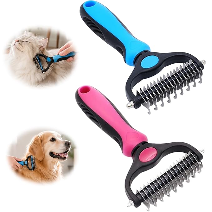 Vivanchor Pet Pro, Dual-Sided Pet Pro Grooming Tool, Cat Brush Rake and Long Haired Dog Brushes, Pets Knotter Dogs and Cats for Grooming Hair Pets Tools (Blue+Rose red B, 2PCS)