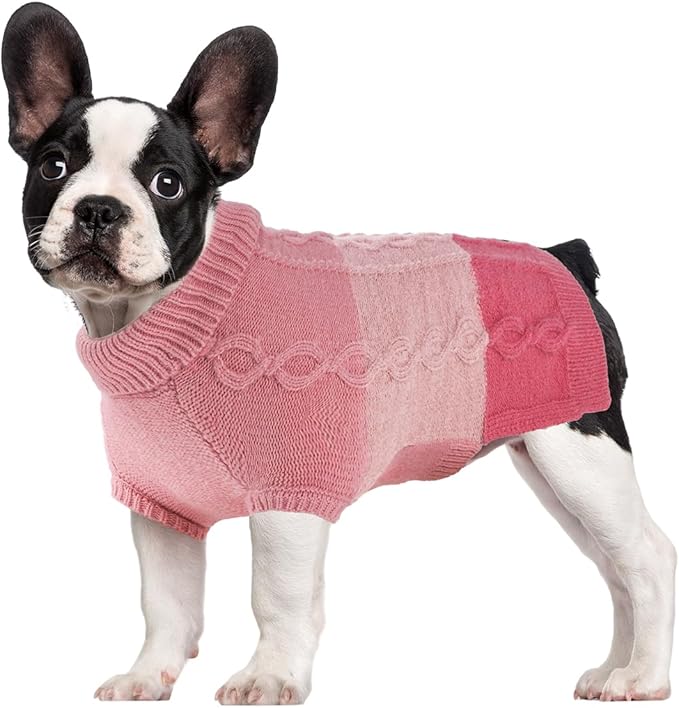 Dog Knitted Turtleneck Sweater - Dog Warm Pullover Color Block Cable Knitwear, Doggie Winter Clothes for Small Dogs Chihuahua, Bulldog (Pink, L)