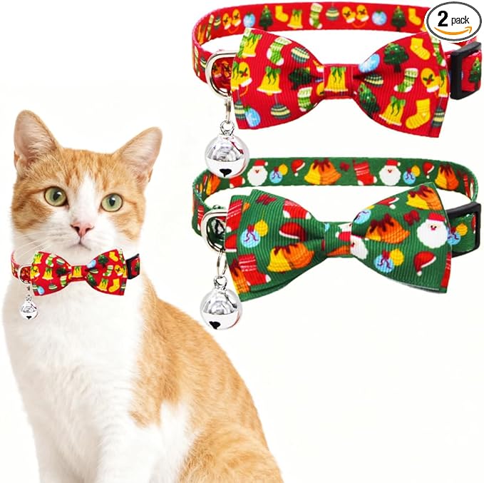 Christmas Cat Collar 2 Pack - Red & Green Breakaway Safety Collars with Bell and Bow Tie for Cats and Kittens