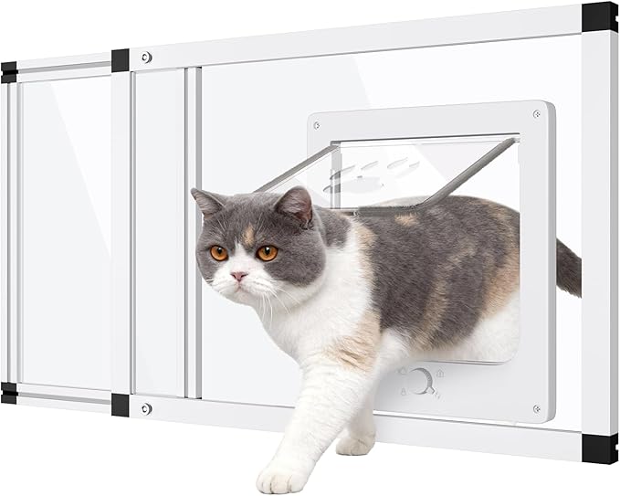 Sliding Cat Door for Window, Fits 22"-28.5" Width Window, 1-Min Install | Aluminum Frame + HD Glass | Weatherproof Design | Magnetic Closure Window Cat Door Insert, Adjustable Pet Door Window for Cats