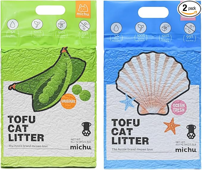 Michu Tofu Cat Litter Natural Clumping Tofu Cat Litter, Fast Clumping and Easily Scoop-able 5.5lb/88oz 5 Scents - Original + Ocean Fresh, 2 Pack