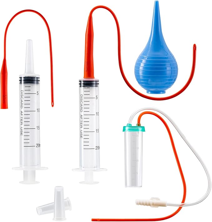 REDDOUDOU Newborn Puppy Kitten Small Animal Sterile Mucus Extractor Suction Catheter, Animal Kid Puppy Kitten Tube Feeding Kit 8 FR Red Feeding Tubes with 20ml Syringes and Bulb Aspirator