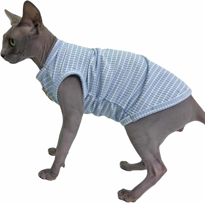 Sphynx Cat Clothes Vest for Hairless Cat, Rib Knit Stripe Cats T-Shirt Apparel, Kitten Summer Cotton Shirts Sleeveless for Cornish Rex, Devon Rex, Peterbald (Sky, XL (10-14 lbs))